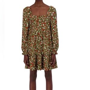 BCBG Paris Green Floral Square Neck Tiered Dress Women's Size L